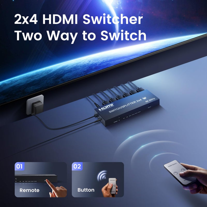 avedio links 4K@60Hz HDMI Switch Splitter 2 in 4 Out with Remote, avedio Links 2x4 HDMI Splitter Switcher 4K with SPDIF & 3.5mm Audio,Support 4K,3D,1080p,HDCP2.2,HDR 10 for PS5/4,Xbox,Fire Stick,etc - Image 5